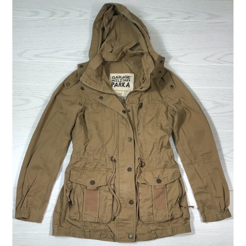 Garage Military Parka Jacket Women Small Khaki Brown Zip Button Snap Hooded